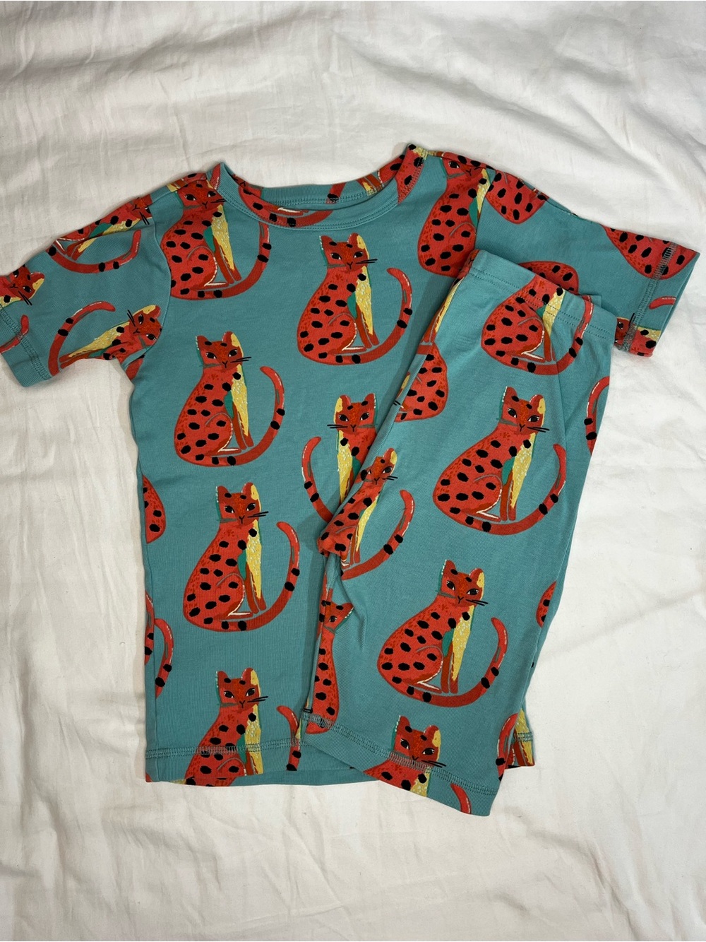 Tea Collection Shortie Pajamas Blue with Leopard Cats Unisex 12